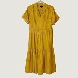 NEW Tahari ASL Shirt Dress Midi Womens 8 Mustard Yellow Tiered Georgette $148
